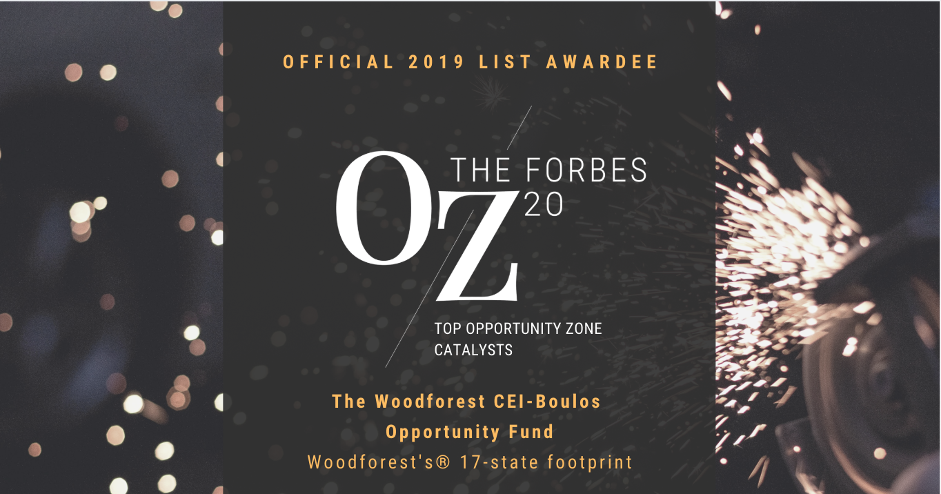 Celebratory image listing the Woodforest CEI-Boulos Opportunity Fund as a official selection of the Forbes OZ 20