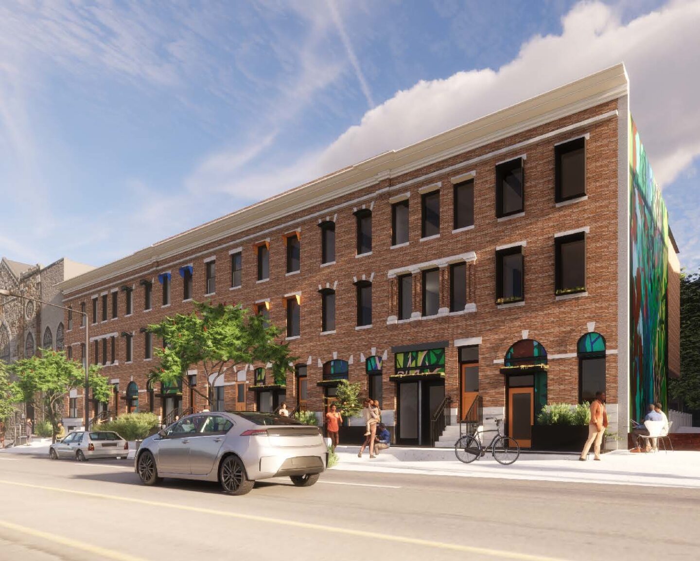 A rendering of a revitalized brick building with colorful awnings