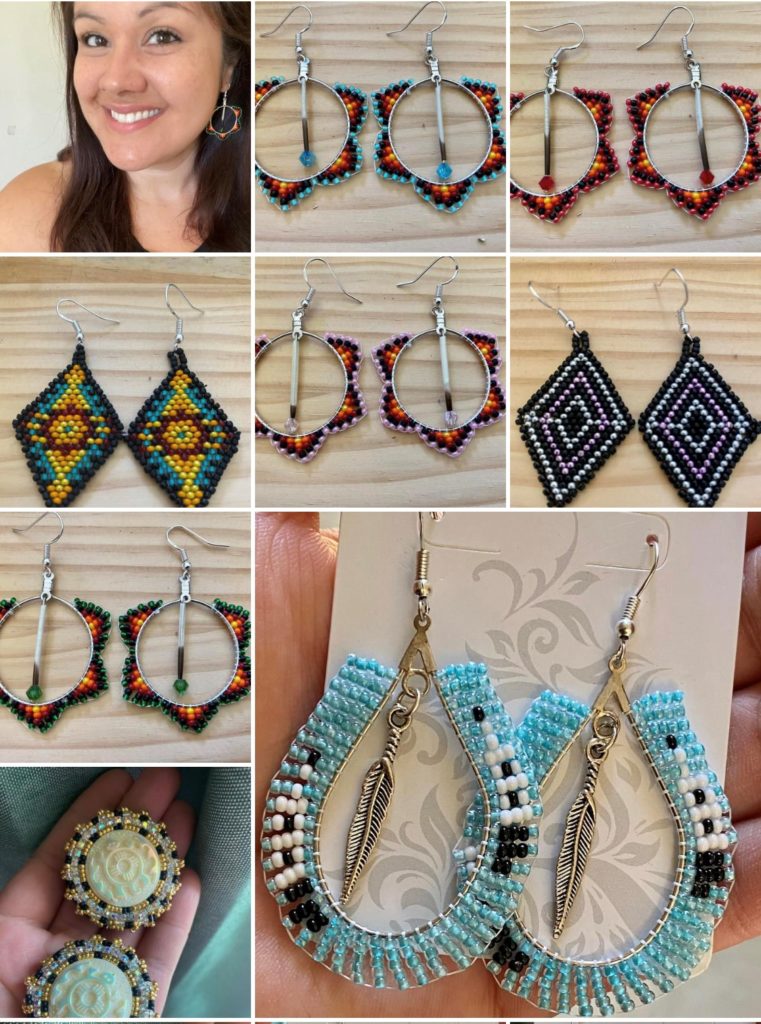 A collage of beaded dreamcatcher earrings and their maker, a Passamaquoddy Native American woman