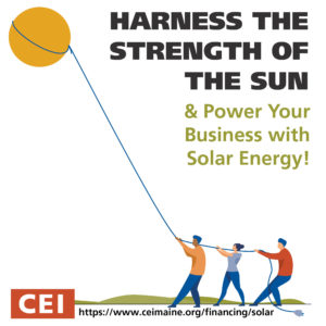 A graphic of three people using an electric cord to lasso the sun with the words "Harness the Strength of the Sun and power your business with solar energy!"
